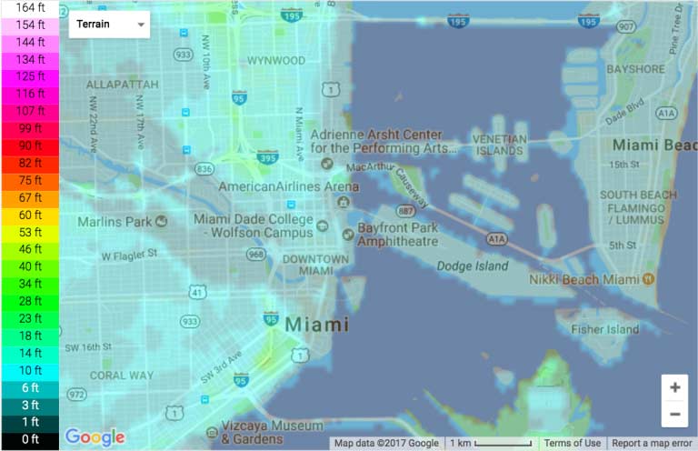 Topographical map of Brickell and Downtown Miami