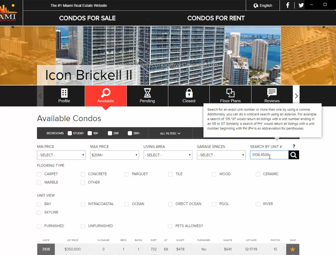 wild card search filter for miami condo investments website