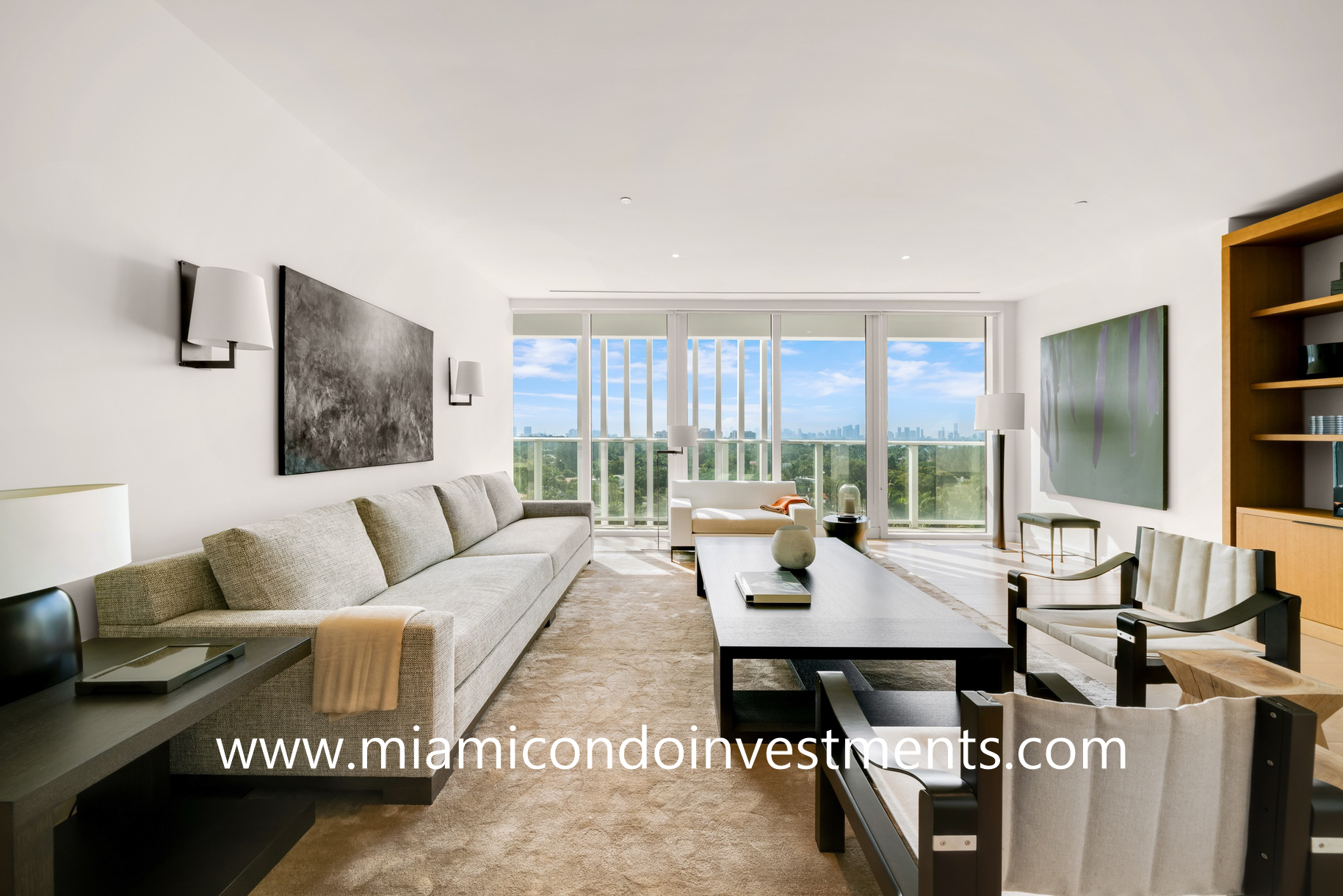 family room with downtown Miami skyline view