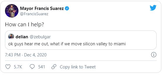 Mayor Francis Suarez tweets potential relocators wanting to move to Miami.